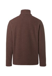 Pullover in pile marrone con texture, colletto alto, stampa a quadri, maniche lunghe, polsini orlati e fondo dritto.
