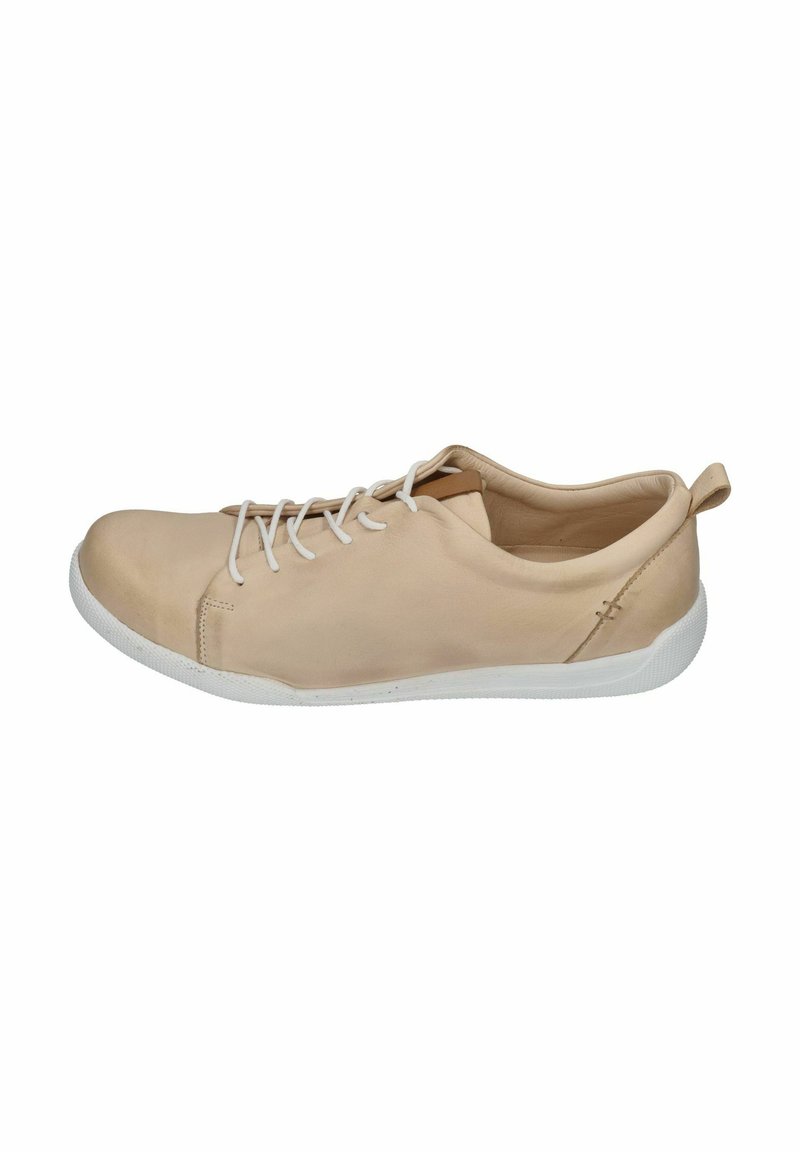 Light beige leather sneaker with white sole, lace-up closure, and pull tab at the heel. Smooth texture with minimal stitching detail.