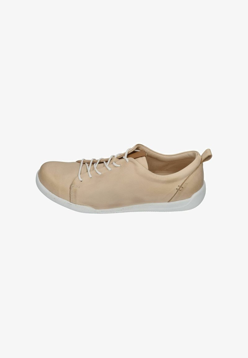 Light beige leather sneaker with white sole, lace-up closure, and pull tab at the heel. Smooth texture with minimal stitching detail.