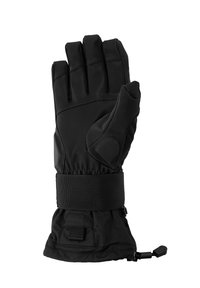 Guante aislante negro con superficie texturizada, correa de muñeca ajustable y puño largo para una mayor protección contra el frío.