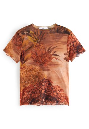 Haut transparent à manches courtes avec des motifs abstraits de feuilles et de plantes aux tons automnaux dans des nuances de brun, orange et jaune.