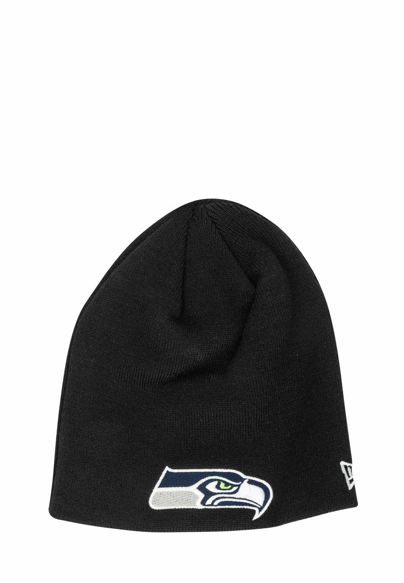 Schwarze Mütze mit strukturiertem Strickmuster. Mit einem gestickten Logo der Seattle Seahawks auf der Vorderseite in Blau, Weiß und Grün.