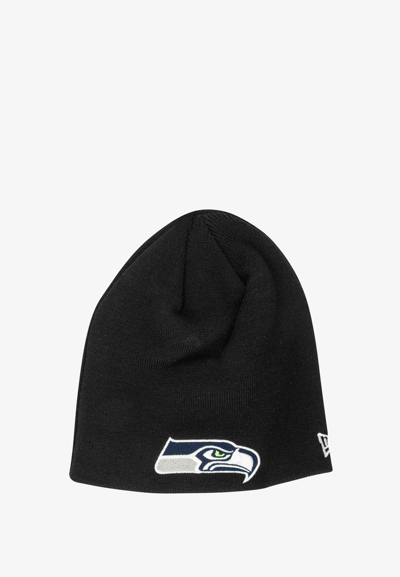 Schwarze Mütze mit strukturiertem Strickmuster. Mit einem gestickten Logo der Seattle Seahawks auf der Vorderseite in Blau, Weiß und Grün.