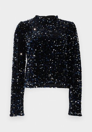 Schwarzes Langarmoberteil, das mit Pailletten in Blau- und Silbertönen bedeckt ist, mit hohem Kragen und einer figurbetonten Silhouette.