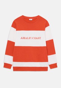 Piros és fehér csíkos pulóver, kerek nyakkal, melynek fehér csíkon piros hímzéssel szerepel az "AMALFI COAST" felirat. Puha, pamut anyag.