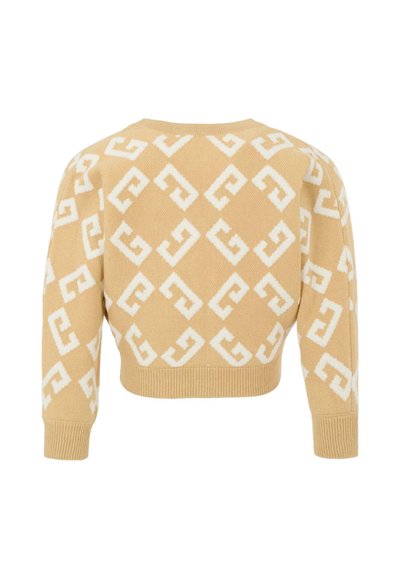 Maglione corto in beige chiaro, con motivo geometrico bianco. Realizzato in morbido materiale a maglia con polsini e orlo a coste.
