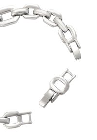 Hõbedane metallist ahelrõngas, millel on omavahel seotud ristkülikukujulised ja ovaalsed lingid. Selles on ristkülikukujuline lukustus, millel on sile viimistlus ja poleeritud tekstuur.