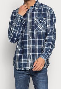 Camicia a quadri blu e bianca in cotone, con colletto a bottoni, taschino sul petto e maniche lunghe con polsini a bottone.