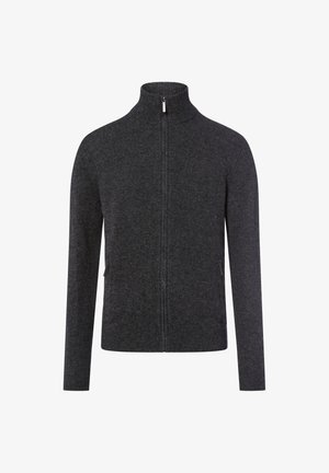 Donkergrijze ritstrui met een hoge kraag, gebreide textuur en zijzakken. Slim fit ontwerp met minimale stiksels en geen zichtbare logo's.