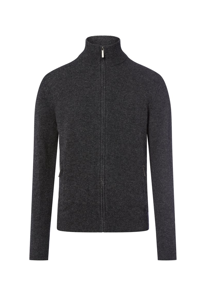 Sweatshirt zippé gris foncé avec un col montant, texture tricotée et poches latérales. Design ajusté avec des coutures minimales et sans logos visibles.