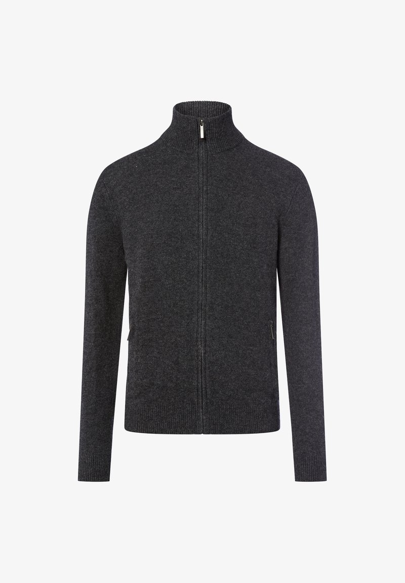 Sweatshirt zippé gris foncé avec un col montant, texture tricotée et poches latérales. Design ajusté avec des coutures minimales et sans logos visibles.