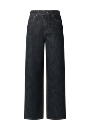 Jean en denim à jambes larges de couleur bleu foncé. Doté de coutures traditionnelles, d'un devant à boutons et d'un design à cinq poches. Texture lisse.