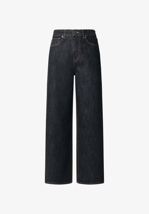 Wijd gesneden denim jeans in donkerblauw. Heeft traditionele stiksels, een knoopsluiting aan de voorkant en design met vijf zakken. Glad textuur.