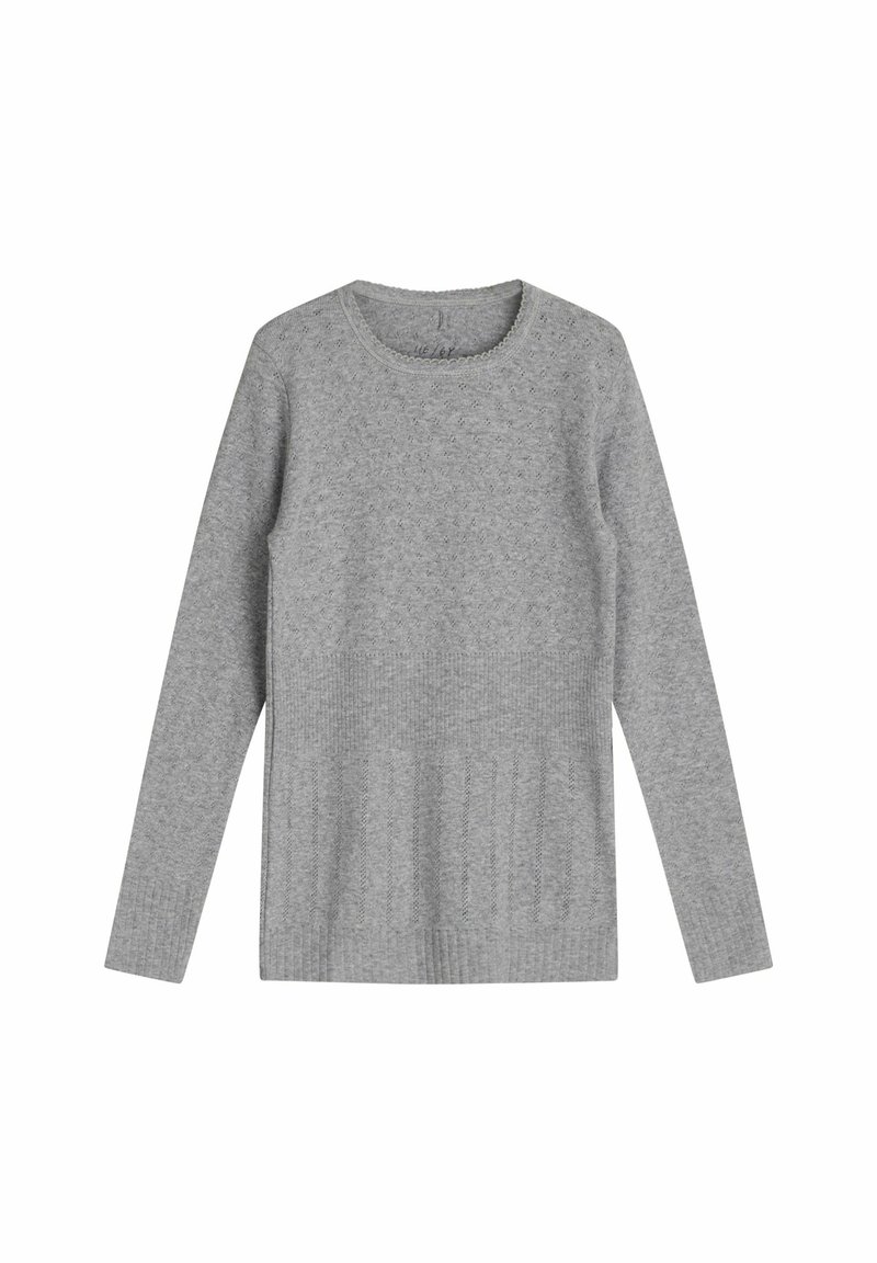 Grauer Pullover mit rundem Halsausschnitt und langen Ärmeln. Hat eine gerippte Textur am unteren Teil und eine glatte Textur am oberen Teil.