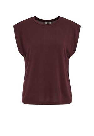 Mouwloze donkerbordeauxrode top met brede, gewatteerde schouders en een ronde hals, gemaakt van een zachte, gestructureerde stof.
