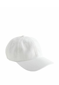 Weißer Baumwoll-Baseballcap mit einem gebogenen Schirm, sechs Paneele-Design, Belüftungsöffnungen und einer weichen Textur. Verstellbarer Riemen auf der Rückseite.
