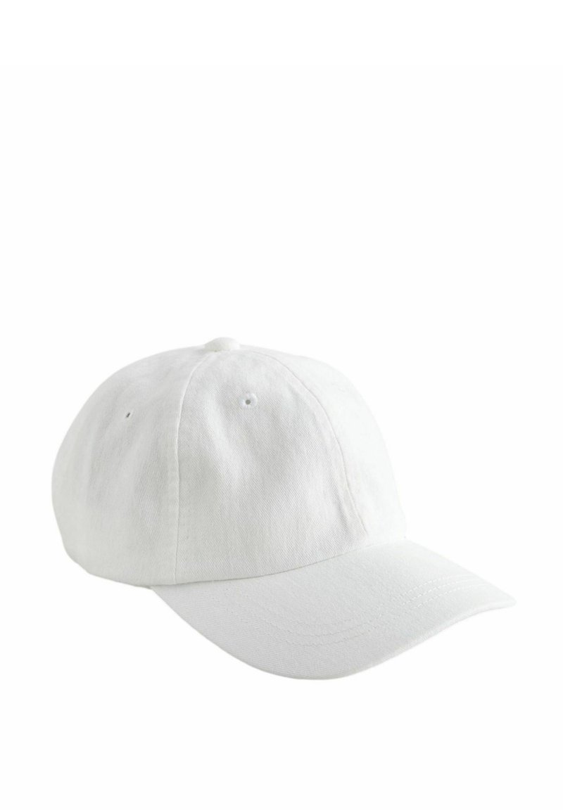 Weißer Baumwoll-Baseballcap mit einem gebogenen Schirm, sechs Paneele-Design, Belüftungsöffnungen und einer weichen Textur. Verstellbarer Riemen auf der Rückseite.