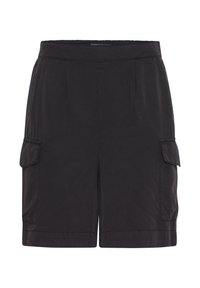 Shorts cargo noirs en tissu léger, dotés de deux poches latérales, d'un devant plissé et d'une coupe décontractée. Texture lisse avec un design simple.