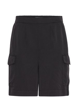 Čierne cargo šortky vyrobené z ľahkého materiálu s dvoma bočnými vreckami, skladaným predným dielom a voľným strihom. Hladká textúra s jednoduchým dizajnom.