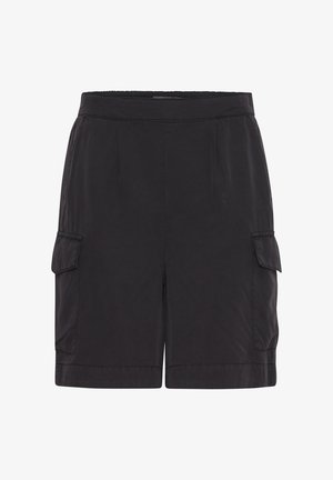 Mustat cargo-shortsit, jotka on valmistettu kevyestä kankaasta ja joissa on kaksi sivutaskua, pleatattu etuosa ja rento istuvuus. Sileä pinta ja yksinkertainen muotoilu.