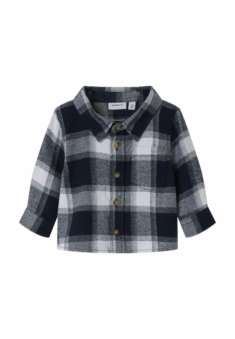 Camicia a quadri blu navy e bianca con maniche lunghe, dotata di colletto e chiusura frontale con bottoni. Tessuto morbido con un motivo a scacchi.
