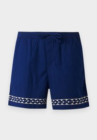 Navy blue swim shorts with an elastic waistband, drawstring, and embroidered light-colored accents at the hem featuring geometric patterns.