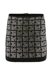 Jupe noire avec un motif géométrique en strass argentés, à la coupe ajustée et fermée par une fermeture éclair au dos.