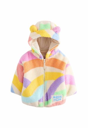 Dziecięca bluza polarowa zapinana na zamek z pastelowymi tęczowymi paskami, uszami misia na kapturze oraz naszywką "Made of Fun" na przednim brzegu.