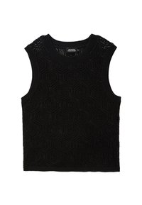 Débardeur noir en tricot sans manches avec un motif hexagonal, un col côtelé et une finition texturée. Coupe droite, sans fermeture ni ornements.