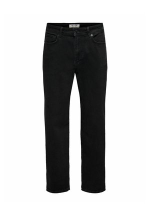 Jean noir droit avec bouton et fermeture éclair à l'avant, design cinq poches, et étiquette de marque sur la ceinture intérieure.