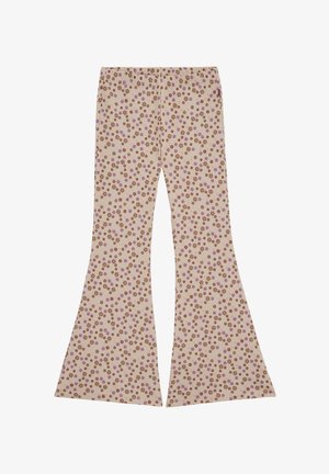 Bež široke hlače z majhnim cvetličnim vzorcem v rjavi in vijolični barvi, enakomerno razporejenim po tkanini.