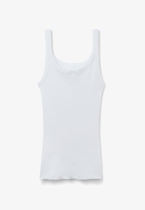 White ribbed tank top with thin shoulder straps and a scoop neckline. Simple design, soft texture, and mid-length fit. No notable patterns or accents.