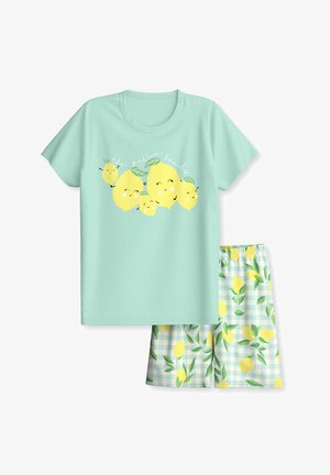 Mintgrünes Kurzarmhemd mit fröhlicher Zitronenfamilie als Grafik und passende karierte Shorts mit gelbem Zitronen- und grünem Blattmuster.