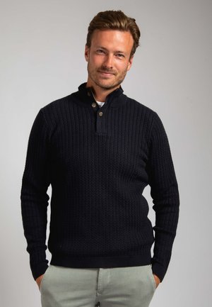 Man met lichtbruin haar, gekleed in een donkerblauwe kabelgebreide trui en lichtgrijze broek, staand met handen in de zakken tegen een effen achtergrond.