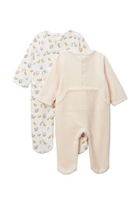 Deux combinaisons pour bébé : l'une blanche avec un motif floral et de canards, et l'autre rose douce avec des boutons au dos, fabriquée en matériau polaire.