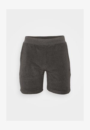 Grå shorts laget av myk stoff, med bred elastisk livlinning, sidelommer og et rett ben design med en subtil tekstur.