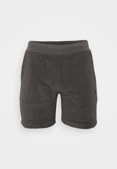 Șorturi gri dintr-un material moale, cu un talie largă elastică, buzunare laterale și un design drept al picioarelor, având o textură subtilă.