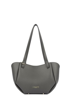 Sac à main en cuir gris Lancaster Paris avec deux bandoulières, un dessus incurvé et un logo doré centré près de la base.