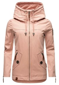 Jasnoróżowa damska kurtka z kapturem, z zamkiem błyskawicznym z przodu, sznurkami ściągającymi, dwiema zamkami błyskawicznymi z przodu oraz guzikami na rękawach i kieszeniach.