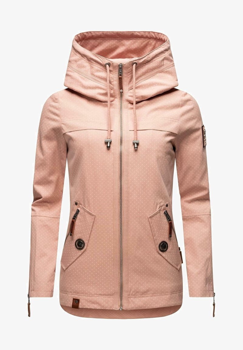 Jasnoróżowa damska kurtka z kapturem, z zamkiem błyskawicznym z przodu, sznurkami ściągającymi, dwiema zamkami błyskawicznymi z przodu oraz guzikami na rękawach i kieszeniach.