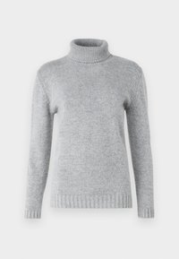 Pull à col roulé gris clair en tissu tricoté doux. Présente une texture côtelée au col et à l'ourlet, avec des manches longues. Design simple et polyvalent.