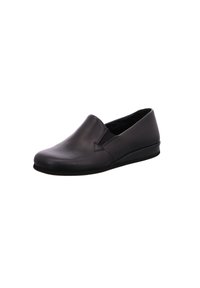 Zwarte leren instapschoen met een glad oppervlak, ronde neus, elastische zijpanelen en een platte rubberen zool voor gemakkelijk aantrekken.