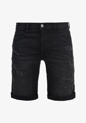 Crne traper kratke hlače s prevrnutim cuffs, sa istrošenim detaljima sprijeda. Klasični dizajn s pet džepova i metalnim kopčanjem.