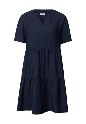 Robe bleu marine à manches courtes avec un col en V, design à volants et tissu texturé. Silhouette simple, adaptée à un usage décontracté.