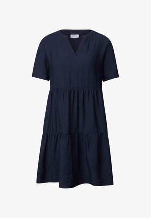 Marineblaues Kurzarmpkleid mit V-Ausschnitt, schichteter Gestaltung und strukturiertem Stoff. Schlichte Silhouette, passend für die Freizeit.