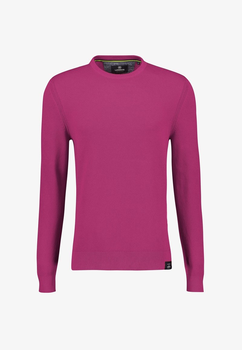 Pull à manches longues rose vif à col rond, avec poignets et taille côtelés, présenté sur un fond blanc uni.