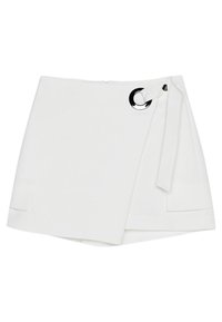 White wrap skirt made of smooth material, featuring a side tie, large black metal ring detail, and two front pockets.