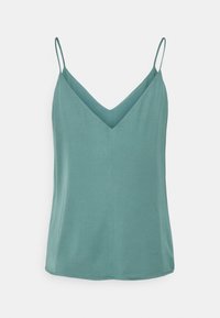 Camisole a V in un colore teal smorzato, realizzato in tessuto morbido. Presenta spalline sottili regolabili e un orlo dritto sul fondo.