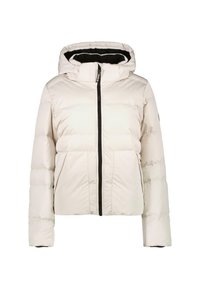 Witte pufferjack met capuchon, voorzien van een ritssluiting aan de voorkant, elastische manchetten en een glad, gewatteerd textuur. Zwarte voering en ritsaccenten.