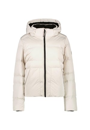White puffer jacket with a hood, featuring a front zipper, elastic cuffs, and a smooth, quilted texture. Black lining and zipper accents.